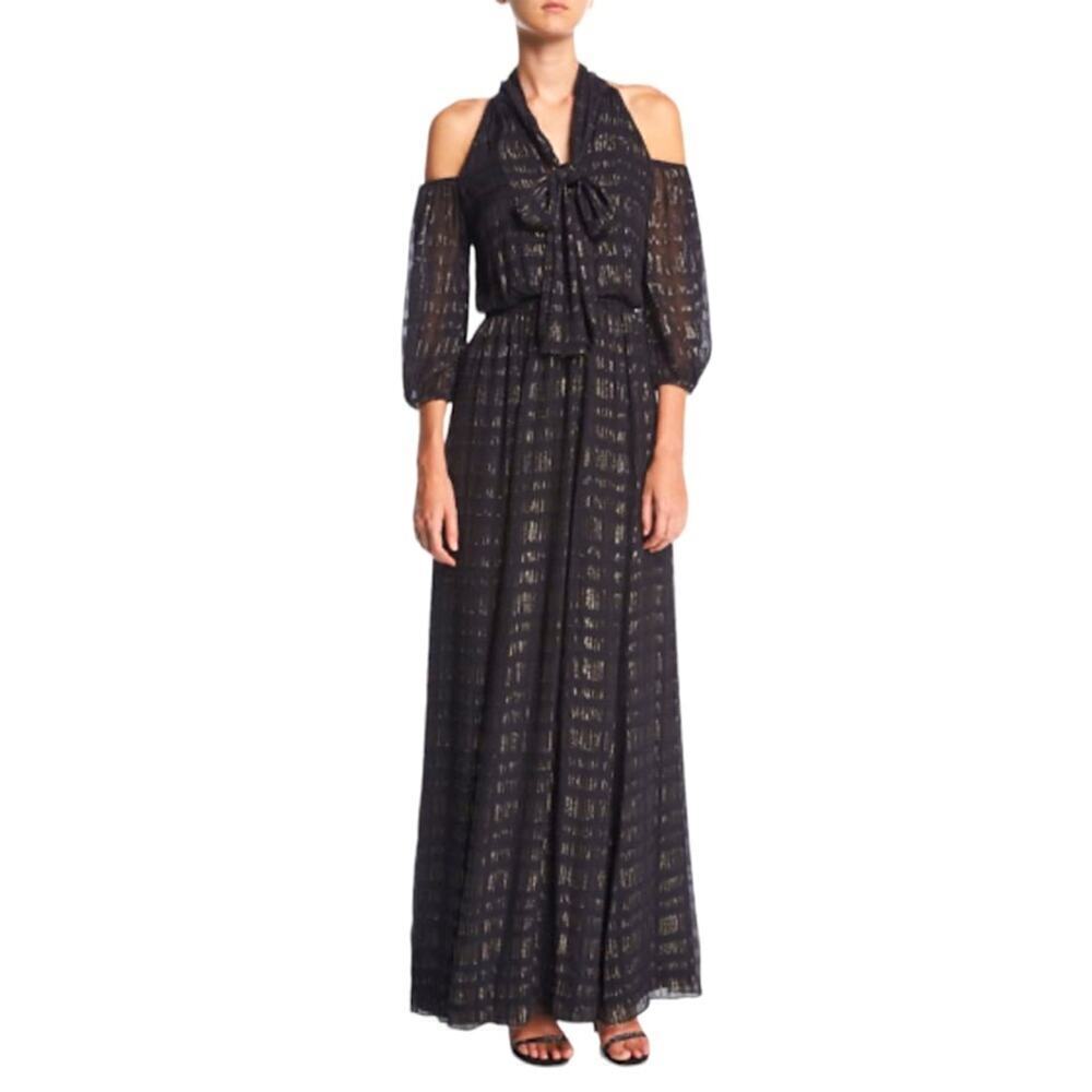 Shoshanna Laurel Cold Shoulder Tie Neck Evening Gown Silk/Metallic Black Size 2